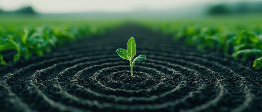 sustainability development goals concept. A single green sprout rises from the dark soil, surrounded by concentric circles, symbolizing growth and renewal in a lush field.