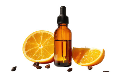 Essential oil bottle surrounded by fresh orange slices and coffee beans on a light background during daytime.