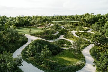 Lush Green Landscape with Winding Pathways, Urban Nature Reserve Representing Serenity and Outdoor Recreation in a Picturesque Recreational Area