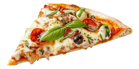 PNG Slice of pizza with toppings including basil and pepperoni