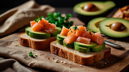 sandwich with bread, avocado and salmon pieces