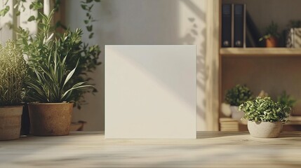 Fototapeta premium White greeting card mockup standing upright on a white wooden desk