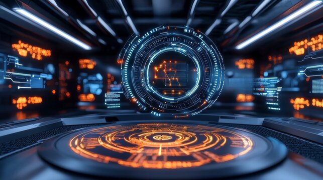 Futuristic Tech Interface  HUD  Digital Display  Sci Fi Control Panel  Neon Lights  Orange