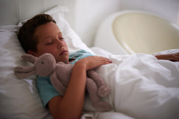 Boy, child and sleeping in bed with bunny, toys and tired with rest, dream and wellness in family...