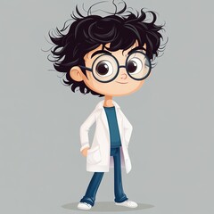 A quirky cartoon boy with curly hair and big glasses, embodying a lively, eccentric scientist look. His messy hair and energetic expression highlight his constant stream of ideas.
