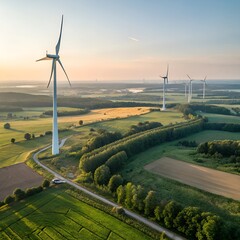 Panoramic view of wind farm or wind park, with high wind turbines for generation electricity with copy space. Green energy concept. 