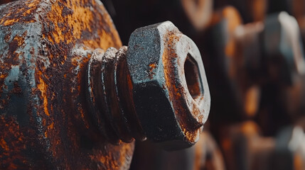 Close-up of a rusty bolt and nut, showing significant corrosion and texture.  The image highlights the detail of the metal's deterioration.