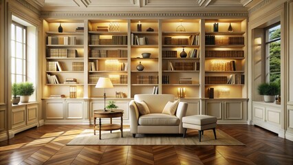 Panoramic Ivory Reading Room: Luxury Bookshelf & Elegant Wooden Floor - Modern Interior Design