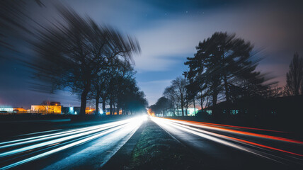 Obraz premium A dynamic night scene showcasing light trails from cars on a deserted road lined with trees, creating a sense of speed and movement.