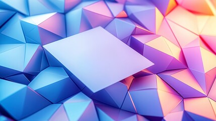 Obraz premium A vibrant arrangement of geometric shapes in blue and pink hues, featuring a prominent square amidst a textured background of triangles. 3D style.