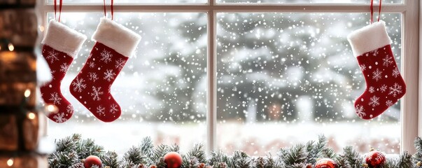 Cozy Christmas Window Scene Snowflakes Stockings Fireplace