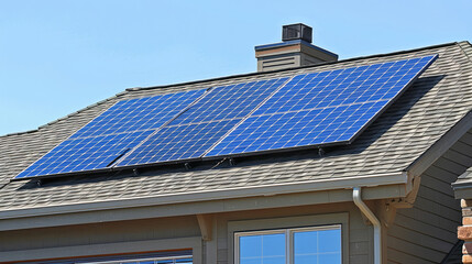 Fototapeta premium Solar panels on the roof of a modern house with a gable style roof tiles, representing the concept of green energy.