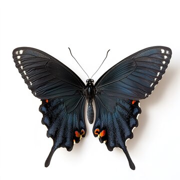 A full-size Pipevine Swallowtail butterfly, captured in intricate detail with its distinctive black wings adorned with blue and orange accents, showcasing its natural beauty without any filled spaces 