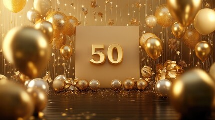 Gold themed backdrop for a 50th birthday featuring large golden "50" amidst shimmering balloons and festive decorations in a celebratory atmosphere.