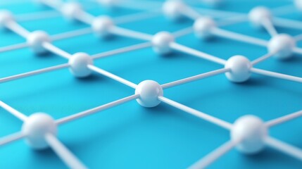 A close-up of a network structure featuring white nodes connected by lines on a vibrant blue background, illustrating concepts of connectivity and technology. 3D style.