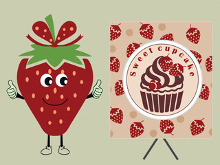 Strawberry cupcake. Strawberry advertises a sweet cupcake. The background is beige with red strawberries. Vector.