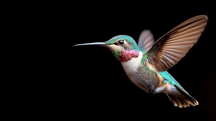 A stunning and detailed photo of a hummingbird in flight, capturing its delicate wings and iridescent feathers, rendered in ultra-realistic 10K 