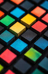 Fototapeta premium Black background, colorful bricks, mobile phone wallpaper This image features a black background with a pattern of colorful bricks Colorful Stone Wall Texture