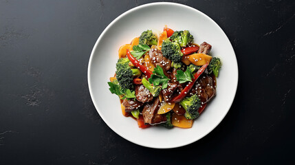 Colorful stir-fried beef with broccoli, red bell peppers, and sesame seeds on a white plate against a dark background.