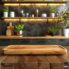 An empty wooden board on a table, with a blurred kitchen interior background, serving as a banner for product presentation or mockup design, an empty wood plate over a blurred modern home interior.