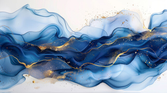 An abstract blue and gold painting, with a white background and a blue color scheme featuring fluid shapes.