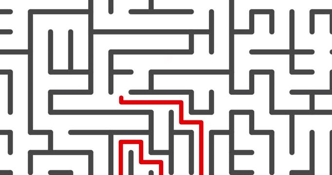 Getting out of maze, pathing through labyrinth, looking for door to success, top view of maze and red line shows solution, footage