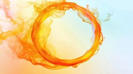 Abstract circular frame of vibrant orange and yellow liquid paint swirling against a dreamy iridescent gradient, ideal for text overlay in a Vaporwave aesthetic.