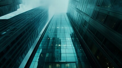 A low-angle view of modern skyscrapers shrouded in mist, creating a dramatic atmosphere.
