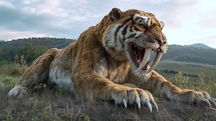 Smilodon resting in open grasslands under soft sunlight of prehistoric plains  
