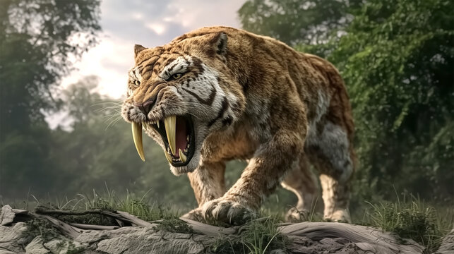 Growling Smilodon prowling through dense prehistoric forest under cloudy skies  
