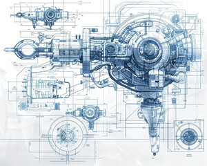 Detailed technical drawings of modern futuristic machinery