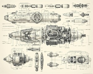 Obraz premium Detailed technical drawings of modern futuristic machinery