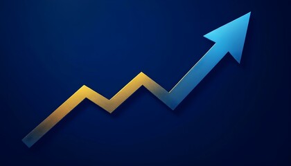 A solid gold upward arrow on a blue background symbolizing growth and success of business