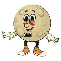 Moon mascot character illustration wearing a bow tie and feeling cool, cartoon mascot isolated, work of hand drawn