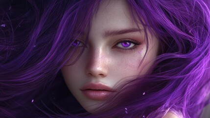 Enchanting beauty with flowing purple hair and soft makeup, perfect for salon promotion visuals and captivating advertisement designs.
