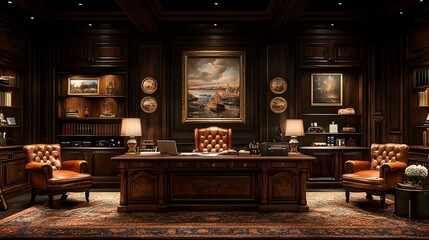 Sophisticated office workspace with wood accents, leather chairs, and ambient lighting