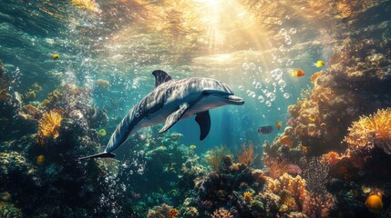 Fototapeta premium A dolphin swimming through a sunlit underwater scene, surrounded by bubbles and vibrant marine life, capturing the essence of ocean playfulness