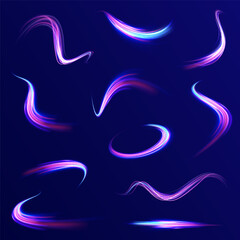 Futuristic dynamic motion technology blue glowing lines air flow effect.  Racing cars dynamic flash effects city road with long exposure. Horizontal speed lines connection vector background. 
