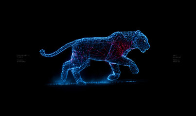 Neon Panther in Low Poly Wire Frame Technology Background with Futuristic Glow