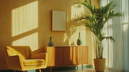 Fototapeta premium A serene living room with a yellow sofa, a matching chair, a tall green plant in a pot, and a small vase displayed on a modern storage cabinet
