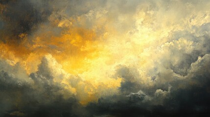 Naklejka premium Dramatic evening sky with vibrant golden hues blending into white, gray, and dark clouds, creating a captivating and moody atmosphere.