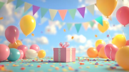 Vibrant 3D birthday celebration scene featuring festive balloons, colorful bunting, and a beautifully wrapped gift box against a bright sky backdrop.