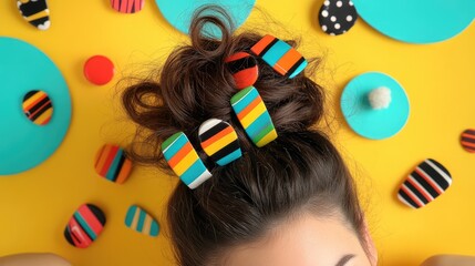 Naklejka premium A dynamic image of hair clips in use, holding back a messy bun with vibrant colors and patterns, set against a bright and cheerful background