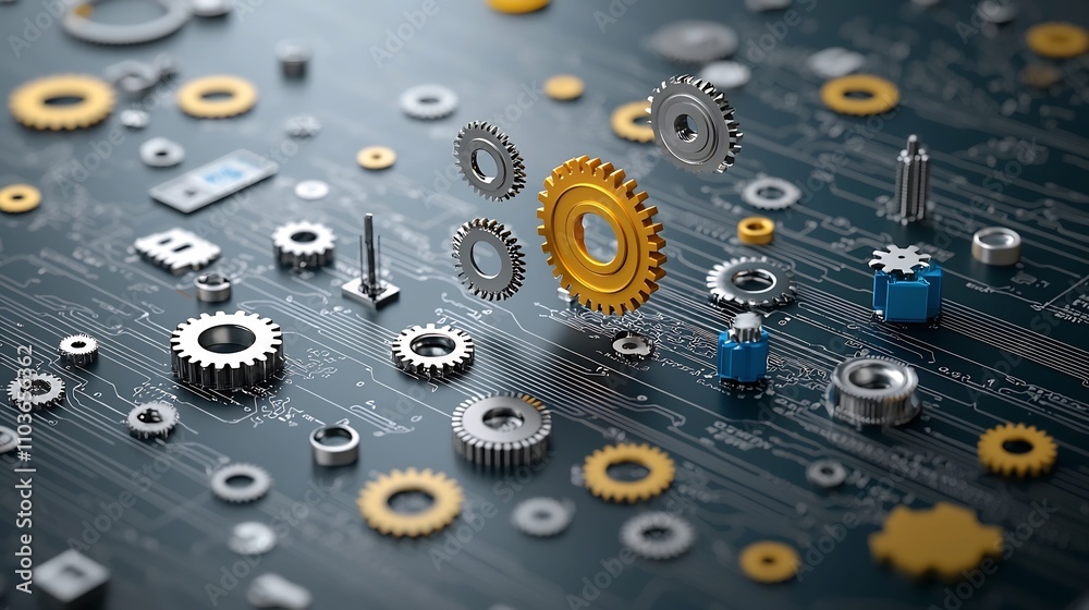 Poster 3D abstract search engine icon with floating gears symbolizing the mechanics and technology behind digital search and information processing  The dynamic
