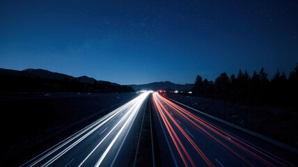Nighttime view of a highway showcasing light trails from passing vehicles, with a serene forest backdrop under a starry sky.