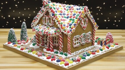 Festively decorated gingerbread house with colorful candy, icing, and charming details, set against a twinkling light backdrop.