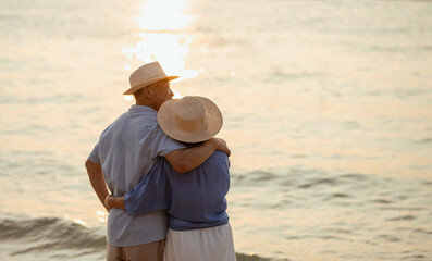 retired, retirement, couple, senior, elderly, beach, recreation, insurance, planning, vacation. A couple of older people are hugging on a beach at sunset. Scene is warm and romantic.