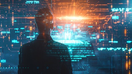 Futuristic cyberspace scene featuring holographic digital intelligence technology and a high tech virtual interface  The image showcases the power of advanced information systems data analytics