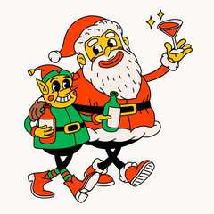 Drunk Santa Claus and elf. Groovy vintage funny Santa and elf characters celebrating holidays.