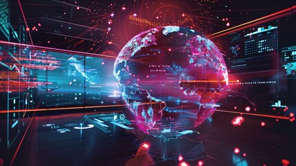 Futuristic global digital communication and data visualization interface with holographic planet Earth sphere abstract HUD display and high tech financial analysis graphics
